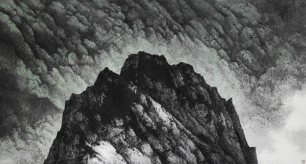 2009年 聳立在一片山巒的黑岩 96.5x180cm